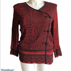Carole Little Shirt Size 8 Asian Style Long Sleeve Rayon Red Black Frogs